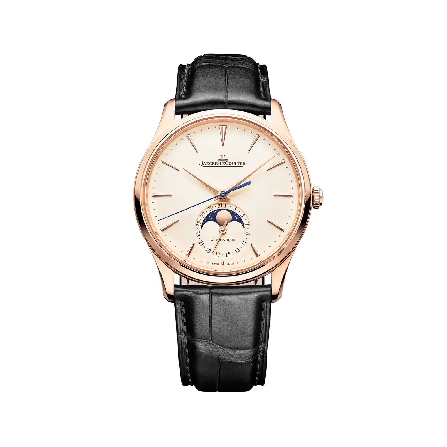 The Jaeger-LeCoultre Master Ultra Thin Moon Cream is a luxury 18K pink gold watch with a black leather strap, white dial, blue hands, and a moonphase and date subdial at 6 o’clock.