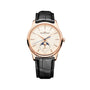 The Jaeger-LeCoultre Master Ultra Thin Moon Cream is a luxury 18K pink gold watch with a black leather strap, white dial, blue hands, and a moonphase and date subdial at 6 o’clock.