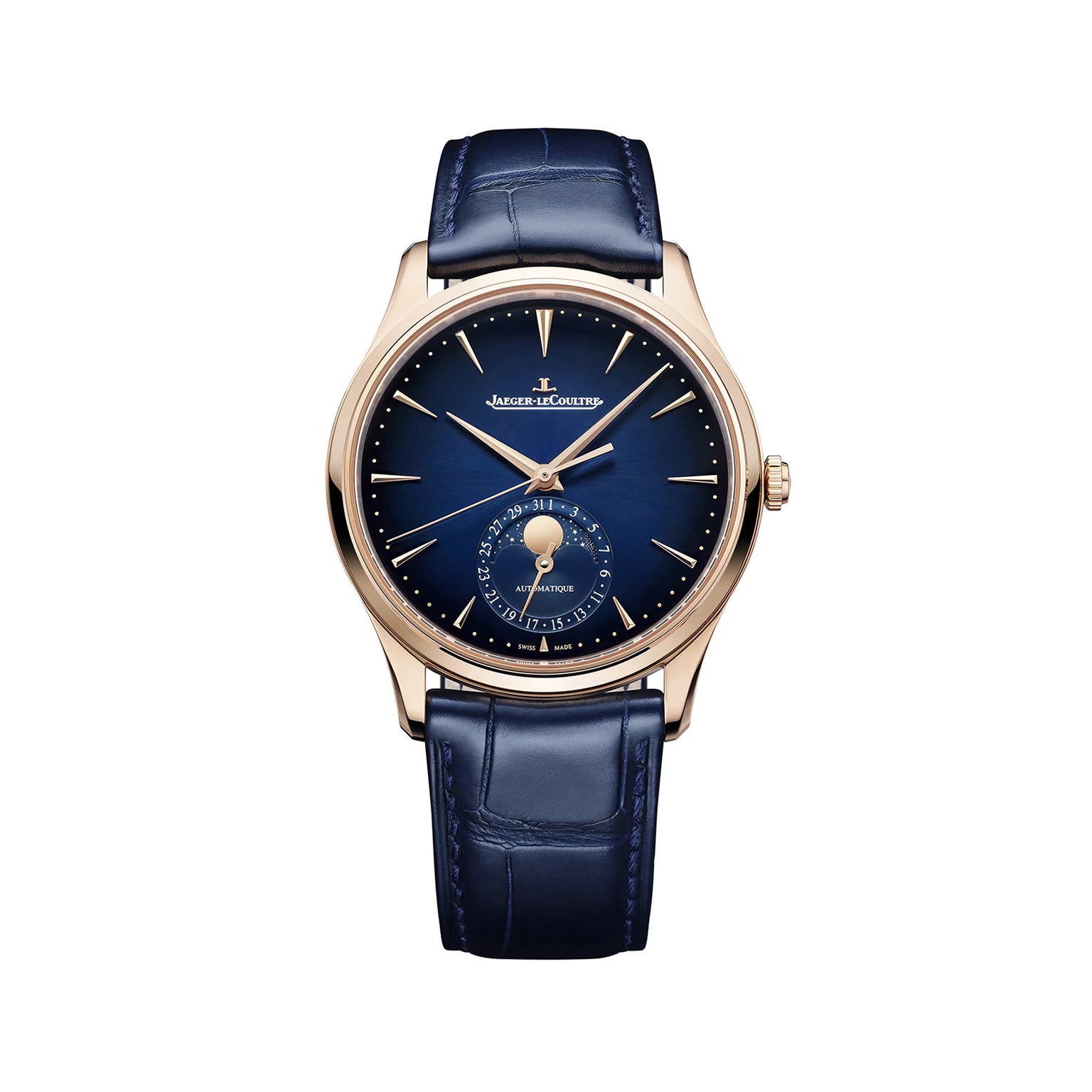 The Jaeger-LeCoultre Master Ultra Thin Moon Navy pairs a blue leather strap with a gold case and blue dial, showcasing gold hour markers, slender hands, and a moon phase subdial with date at 6 o’clock—true elegance.