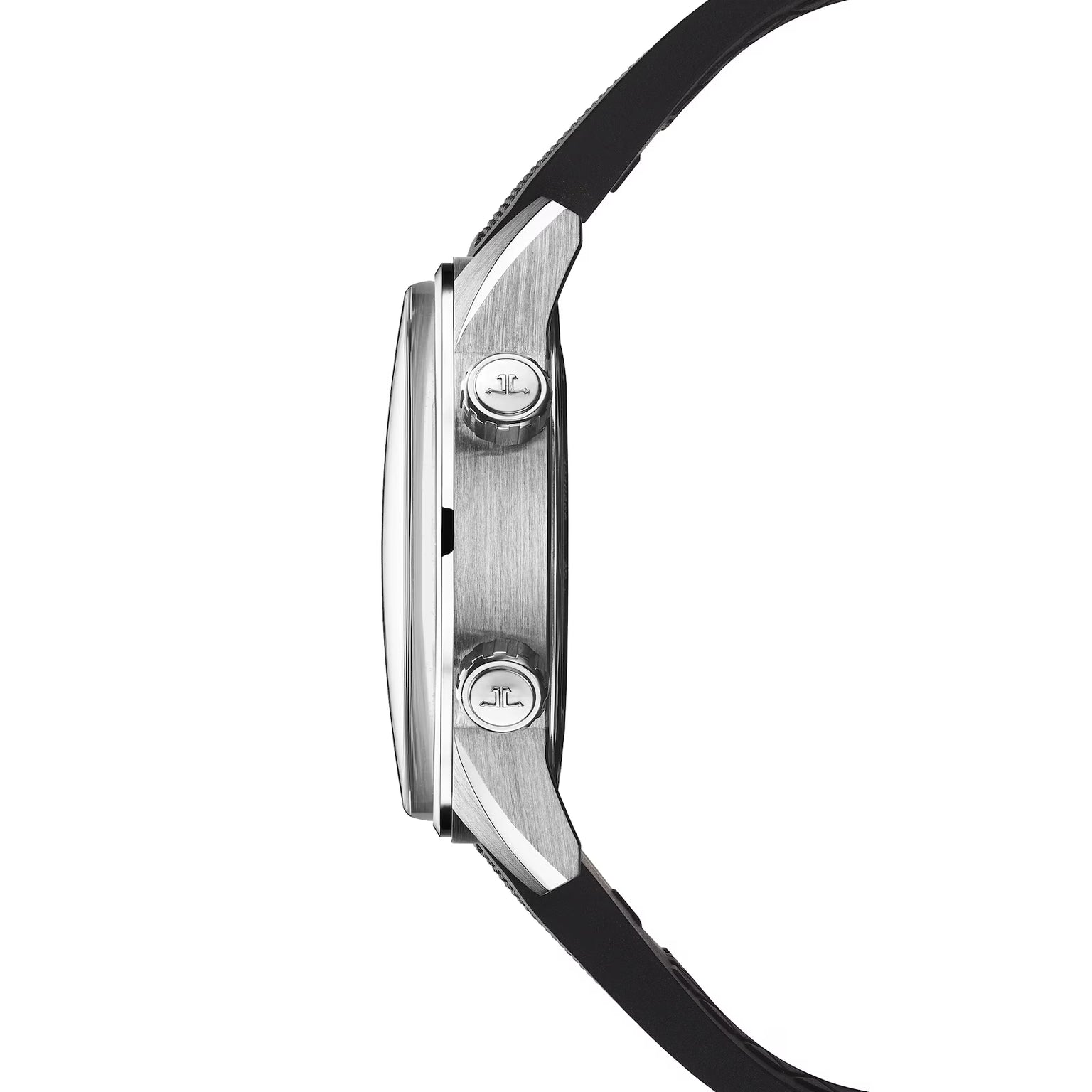 Side view of the Jaeger-LeCoultre Polaris Date Automatic watch with a silver case, black strap, and two metal screws bearing engraved logos on the side.