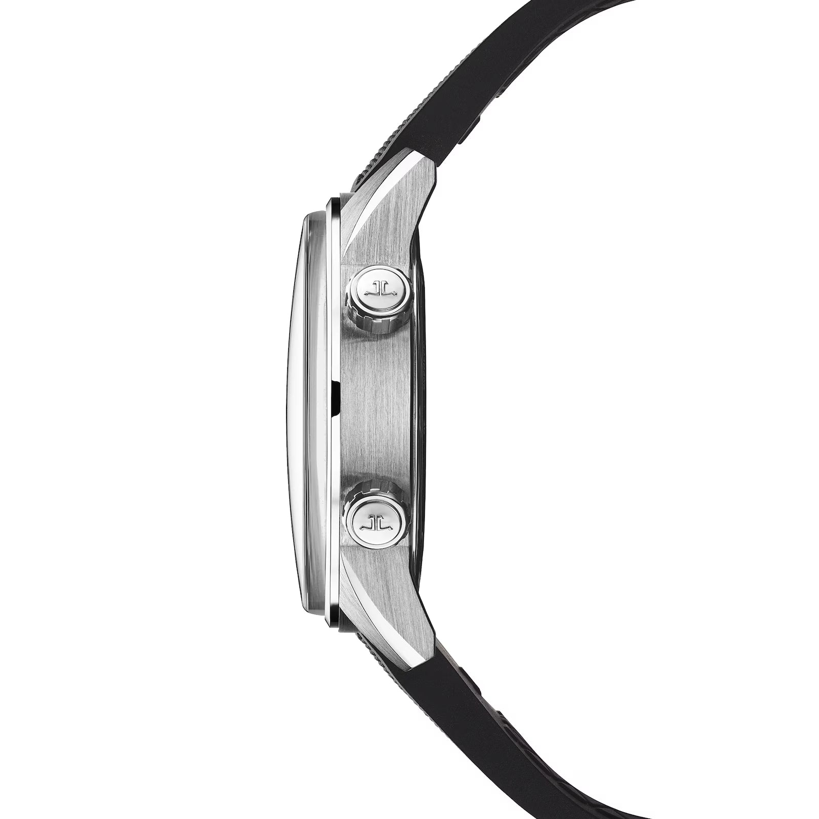 Side view of the Jaeger-LeCoultre Polaris Date Automatic watch with a silver case, black strap, and two metal screws bearing engraved logos on the side.
