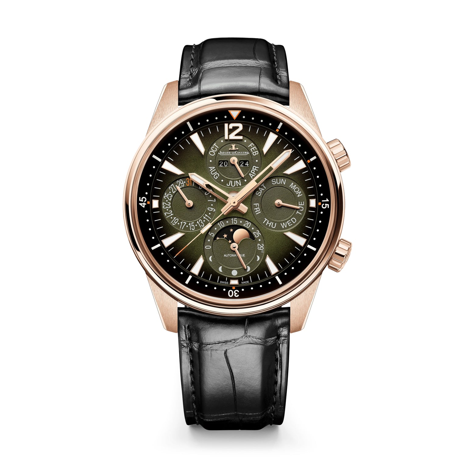 The Jaeger-LeCoultre Polaris Perpetual Calendar features a pink gold case, green dial, black leather strap, gold hour markers, two crown buttons on the right, and a moon phase complication for an elegant touch.