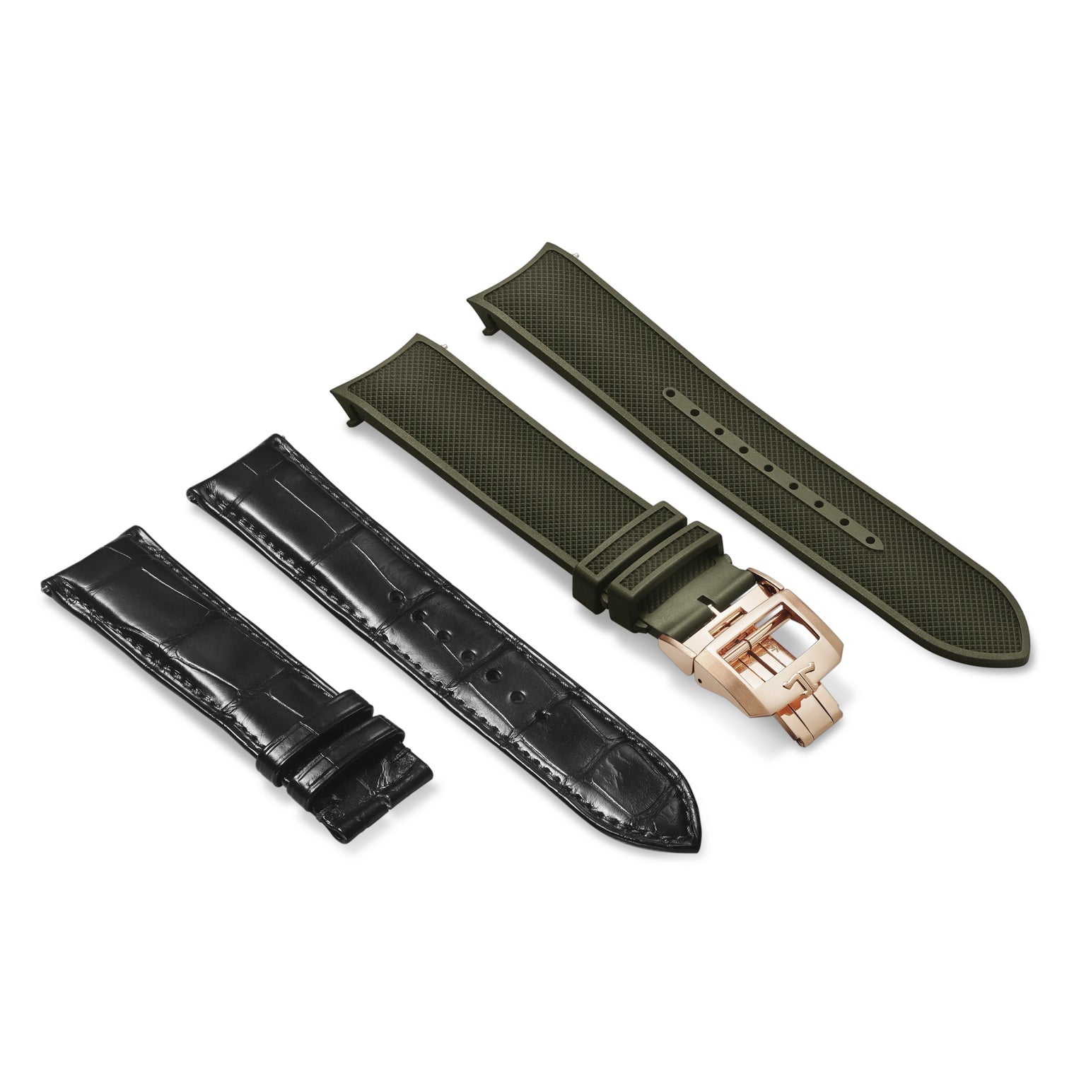 Jaeger-LeCoultre’s Polaris Perpetual Calendar comes with two interchangeable straps—black stitched leather and textured olive green rubber—both with rose gold clasps, ideal for enhancing your pink gold or moon phase timepiece.