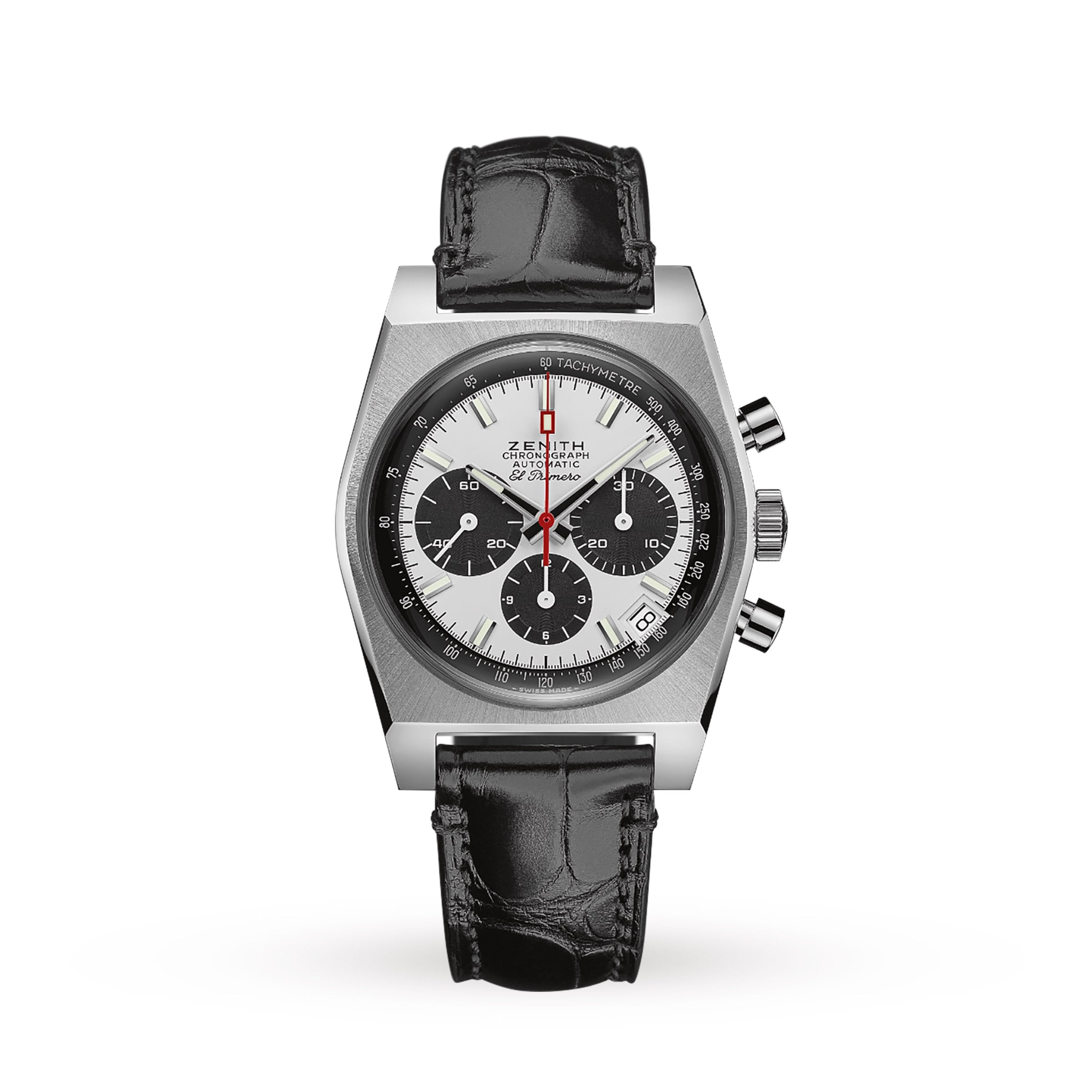 The Zenith Chronomaster Revival El Primero A384 features a stainless steel case, black leather strap, white dial with three black subdials, El Primero movement, and bold tachymeter markings.