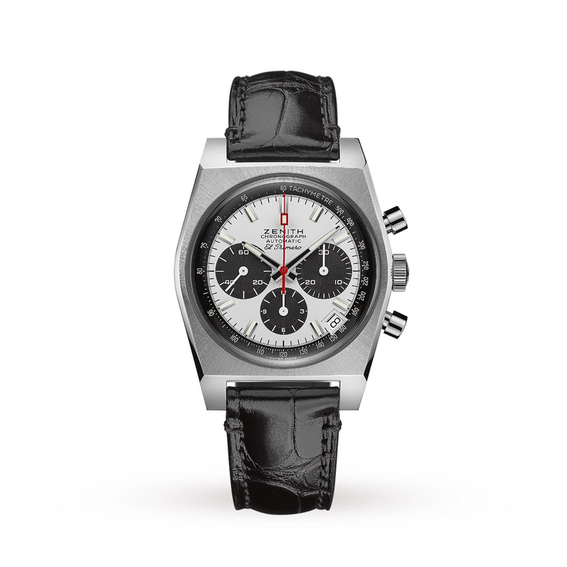 The Zenith Chronomaster Revival El Primero A384 features a stainless steel case, black leather strap, white dial with three black subdials, El Primero movement, and bold tachymeter markings.