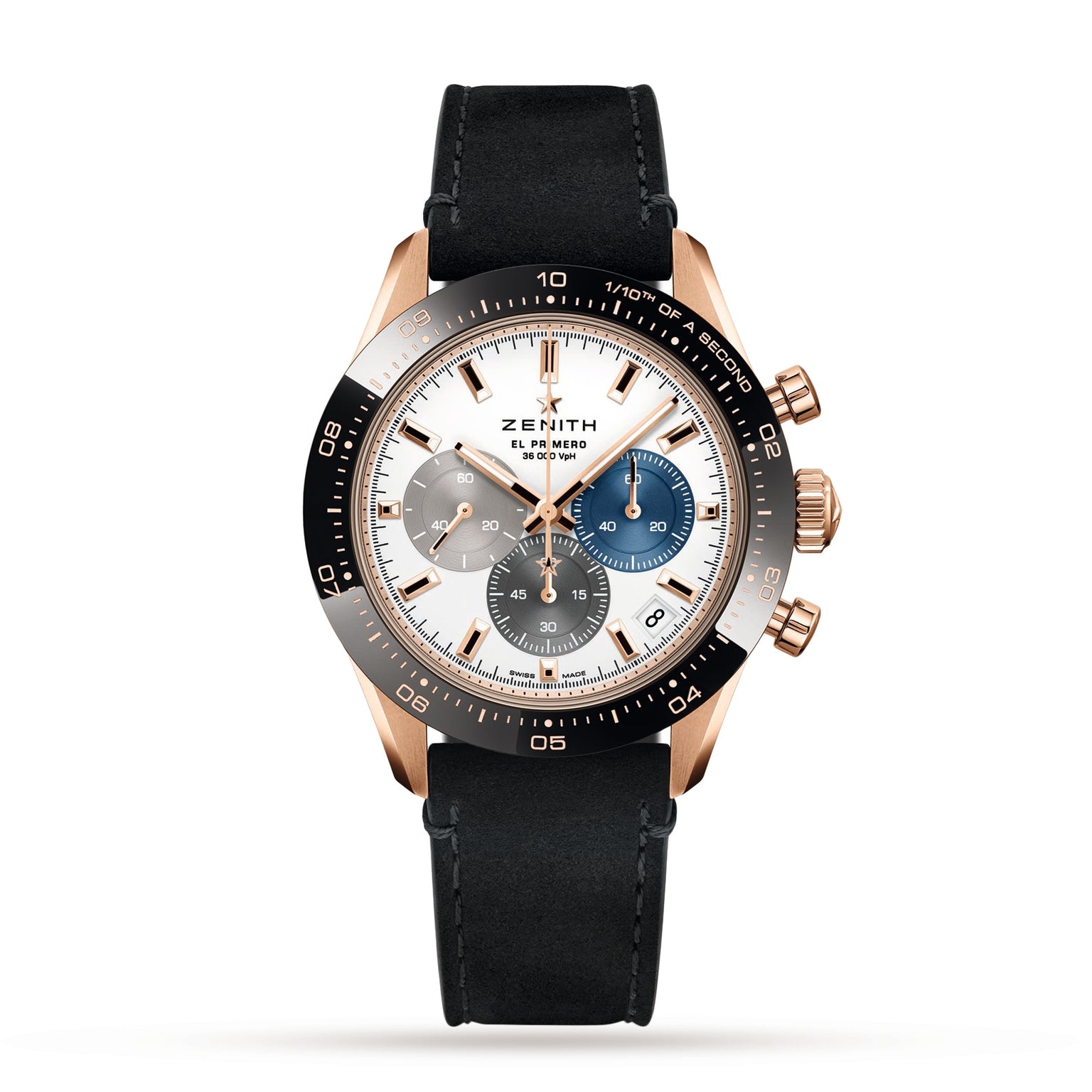 The Zenith Chronomaster Sport is a luxury wristwatch with a black leather strap, 18K rose gold case, silver dial featuring three subdials, and El Primero 3600 branding.