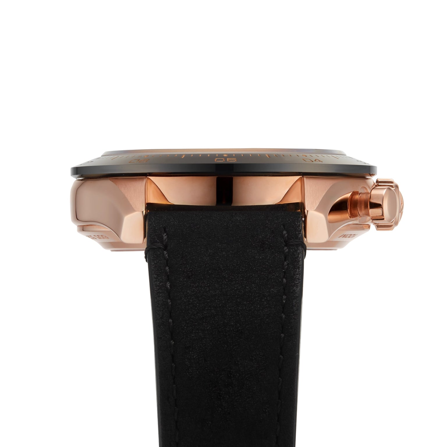Side view of the Zenith Chronomaster Sport wristwatch, showcasing its El Primero 3600 movement, 18K rose gold case, black bezel, and black leather strap against a white background.