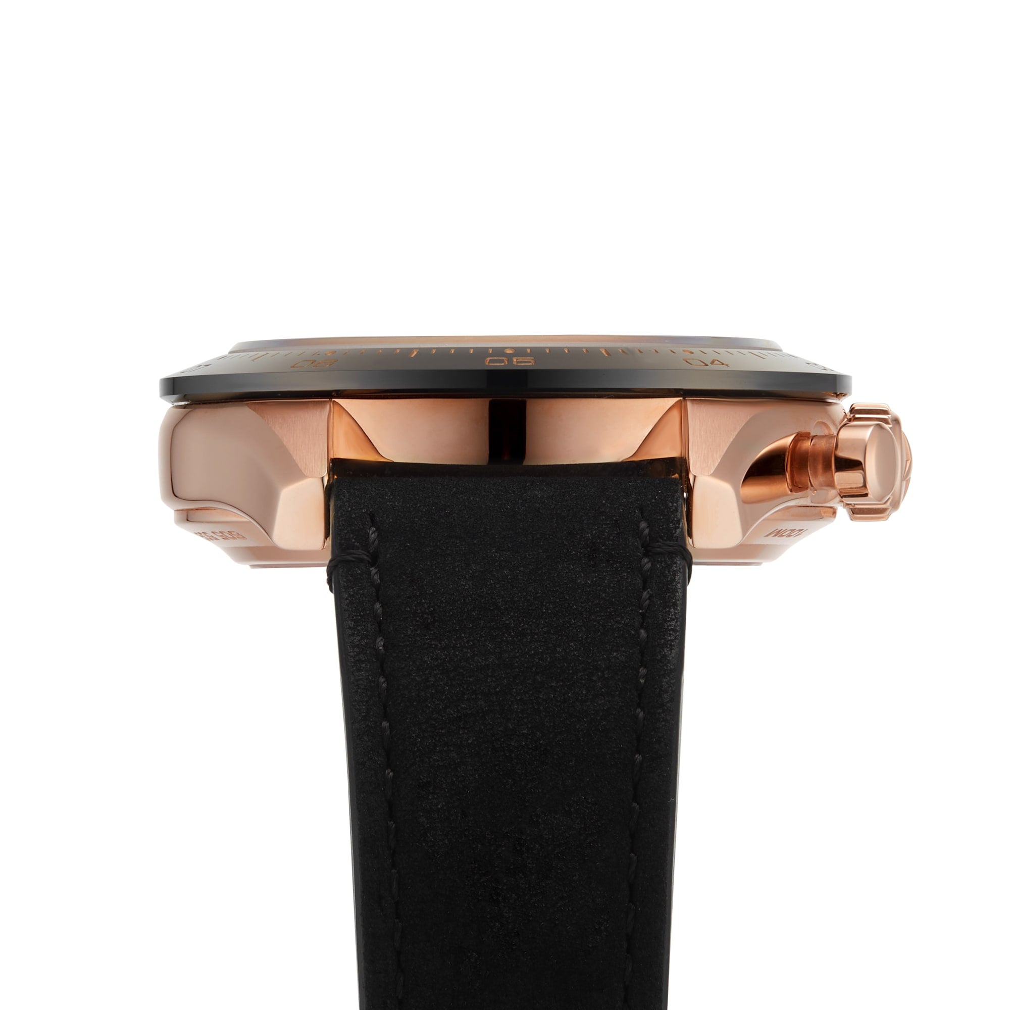 Side view of the Zenith Chronomaster Sport wristwatch, showcasing its El Primero 3600 movement, 18K rose gold case, black bezel, and black leather strap against a white background.