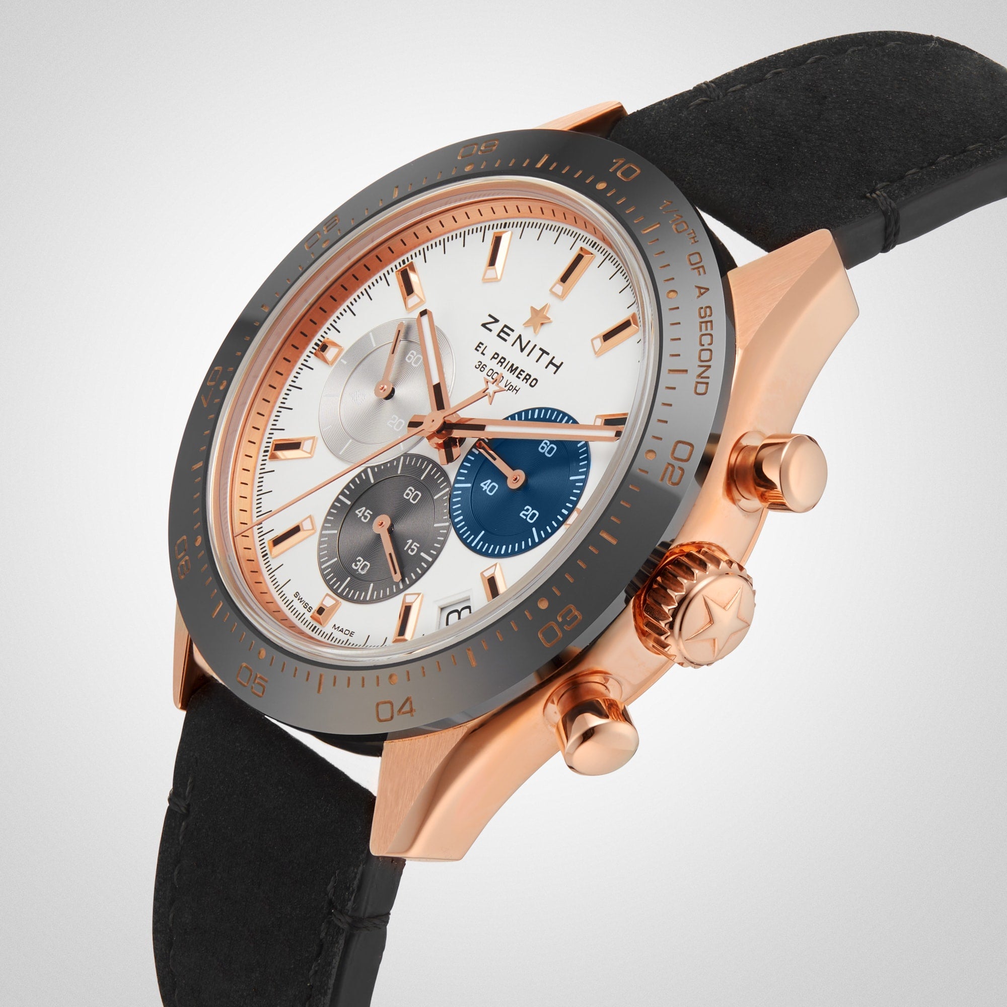A Zenith Chronomaster Sport wristwatch with an 18K rose gold case, black bezel, three subdials powered by the El Primero 3600 movement, and a black leather strap is pictured against a light background.