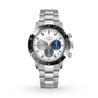 A Zenith Chronomaster Sport wristwatch in stainless steel with El Primero 3600 automatic chronograph, white dial, three subdials, black bezel, and metal bracelet, showcased against a plain white background.