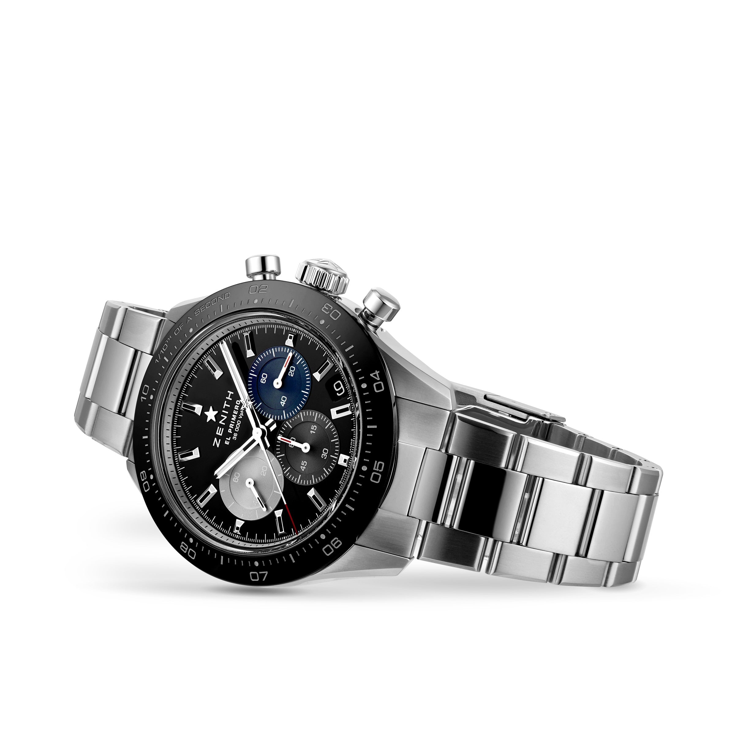 The Zenith Chronomaster Sport is a stainless steel chronograph wristwatch with a black bezel, three subdials, and a metal link bracelet, displayed at an angle on a white background.