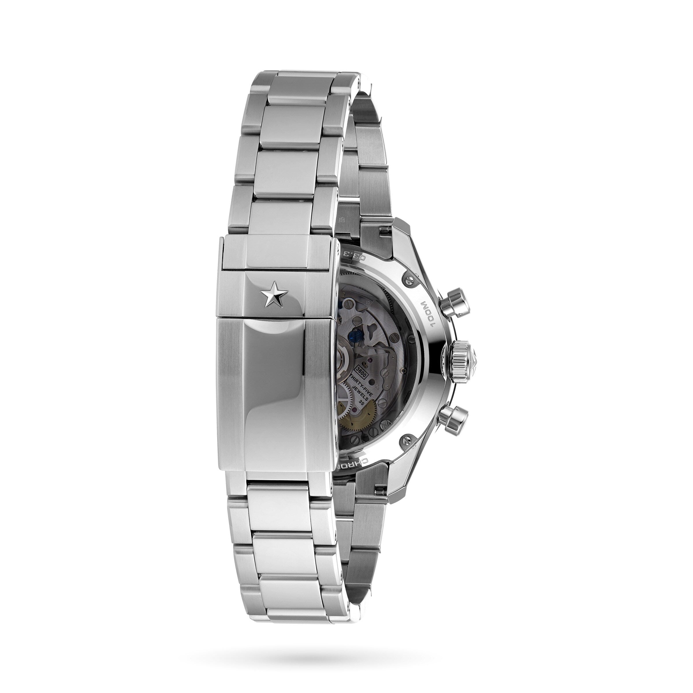 The Zenith Chronomaster Sport is a stainless steel watch featuring an El Primero 3600 chronograph movement, visible through its transparent case back and shown from the side to highlight the bracelet and clasp.
