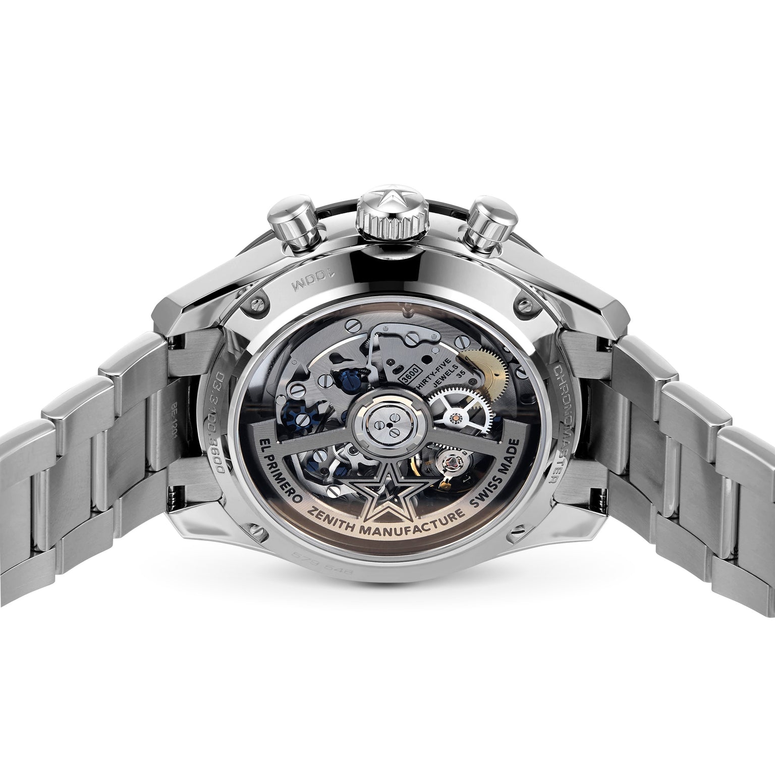 A close-up of the back of a Zenith Chronomaster Sport showcases its stainless steel case, visible El Primero 3600 automatic chronograph movement, and detailed engravings.
