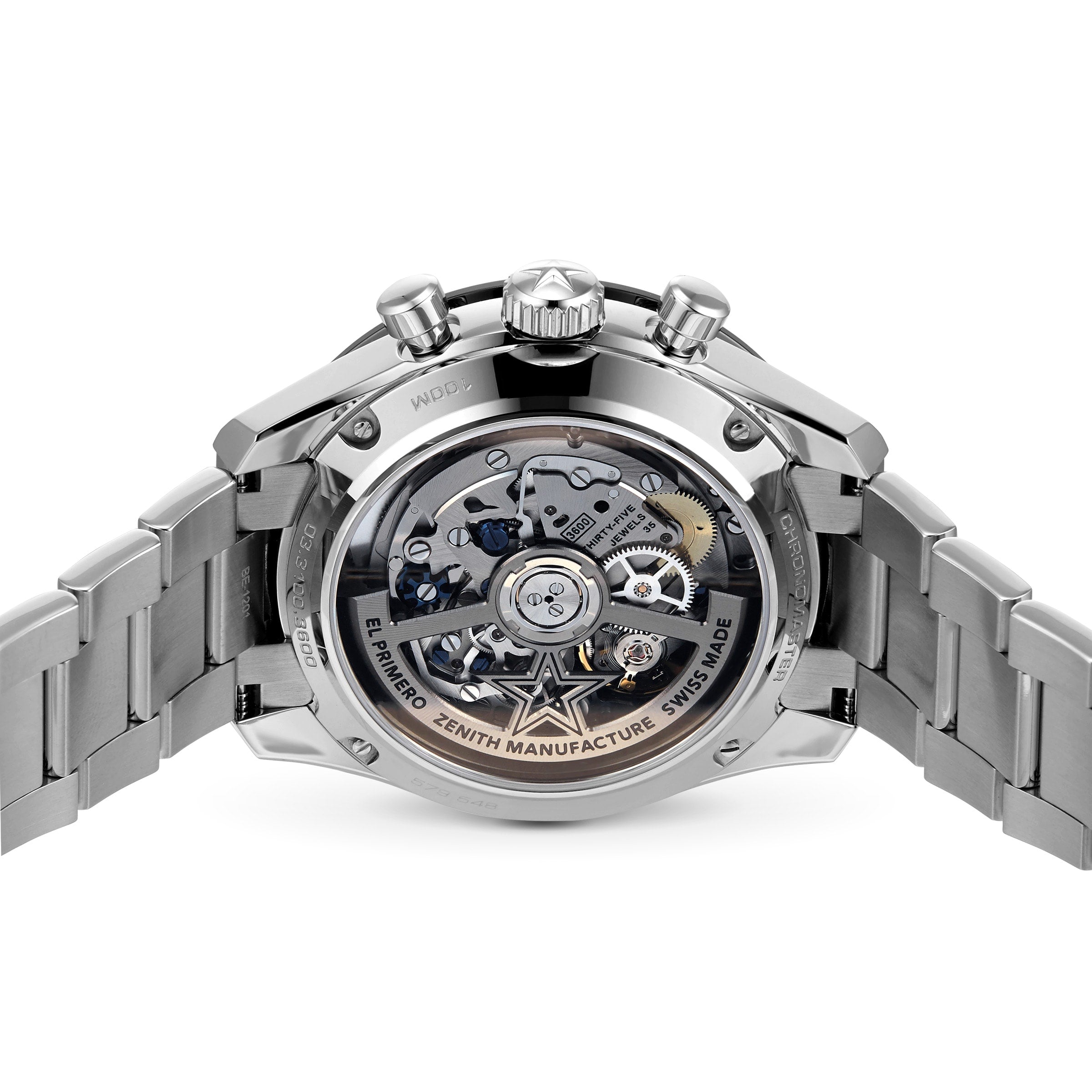 A close-up of the back of a Zenith Chronomaster Sport showcases its stainless steel case, visible El Primero 3600 automatic chronograph movement, and detailed engravings.