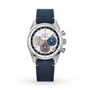 The Zenith Chronomaster EP Original features a stainless steel case, tricolour dial, red second hand, blue leather strap, and El Primero 3600 movement. Shown on a white background.