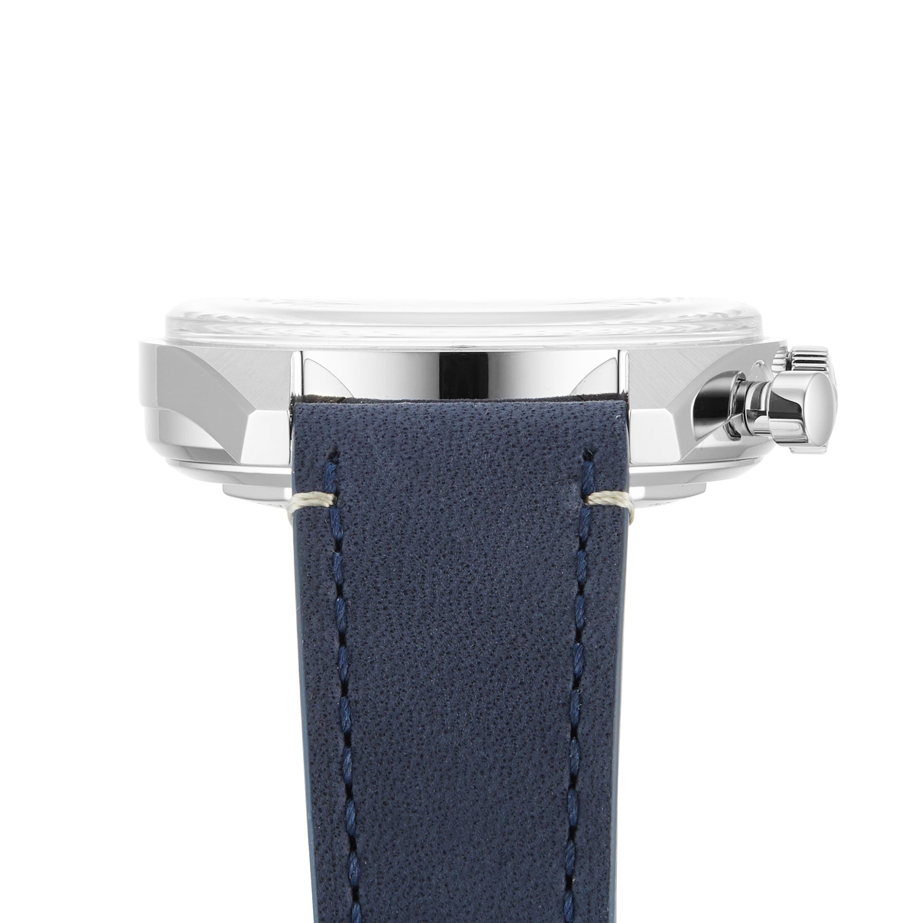 Close-up side view of the Zenith Chronomaster EP Original silver case with crown, paired with a blue leather strap featuring white stitching and showcasing touches of its signature tricolour dial.