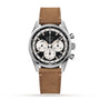 A Zenith Chronomaster Original stainless steel chronograph wristwatch features a reverse panda dial, three subdials, and a brown leather strap, displayed on a white background.