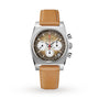 The Zenith Chronomaster Revival El Primero A384 features a stainless steel case, tan leather strap, brown dial with three white subdials, date display, and tachymeter scale for precise high-frequency chronograph timekeeping.