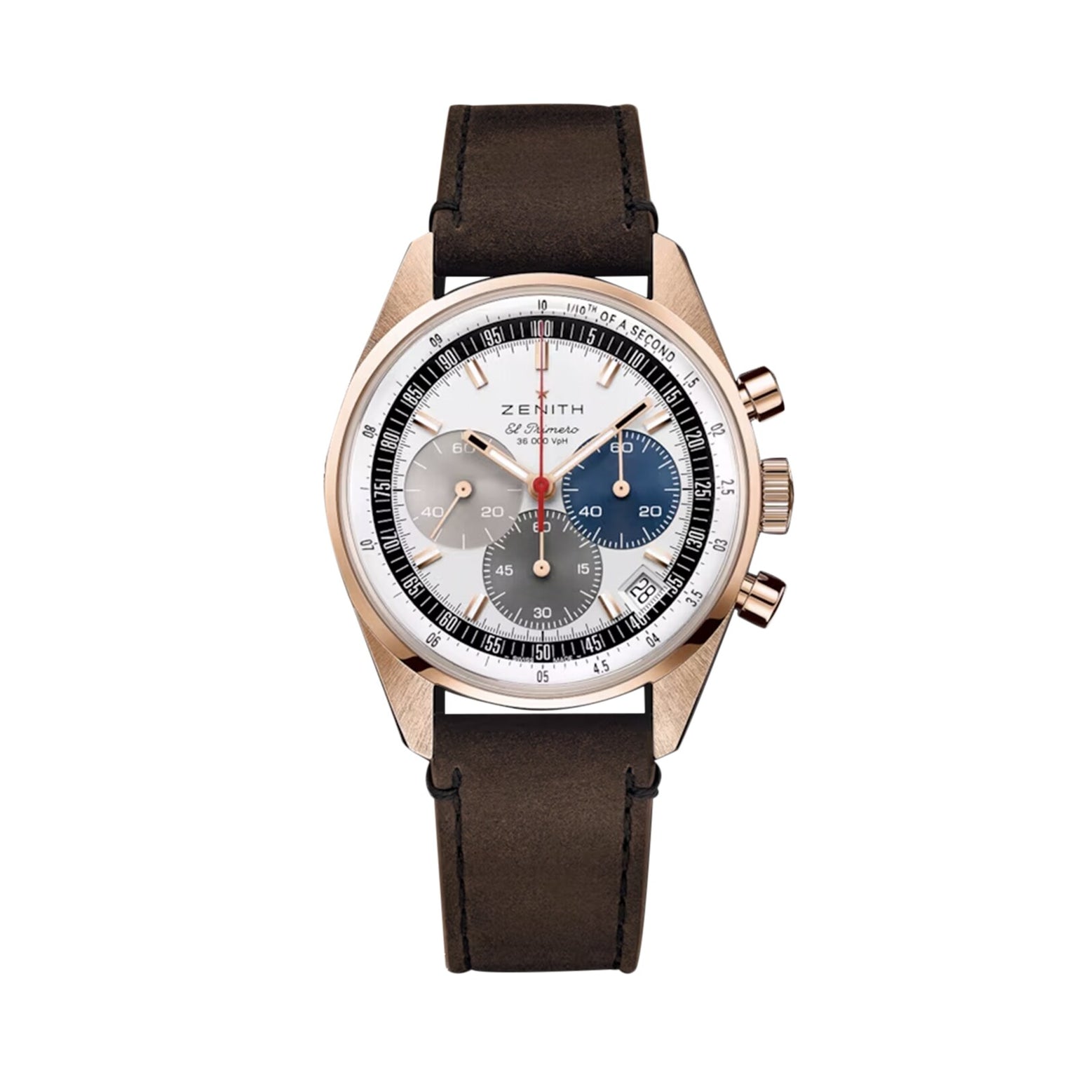 The Zenith Chronomaster EP Original features a gold case, brown leather strap, white dial with grey, blue, and black subdials, two push buttons and crown—showcasing the brand’s renowned mechanical calibre.