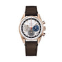 The Zenith Chronomaster EP Original features a gold case, brown leather strap, white dial with grey, blue, and black subdials, two push buttons and crown—showcasing the brand’s renowned mechanical calibre.
