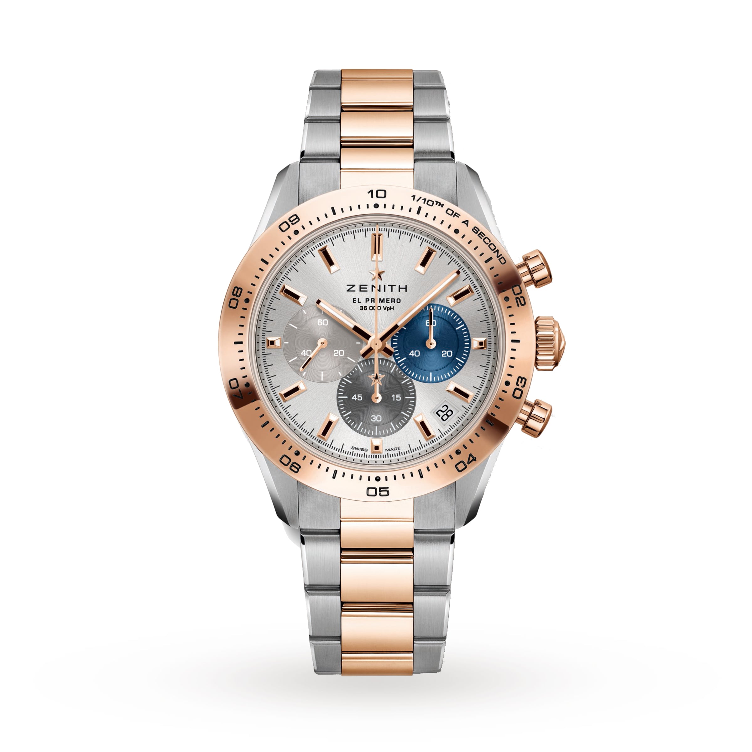 The Zenith Chronomaster Sport features the El Primero 3600 movement, an 18K rose gold and steel case, silver dial with blue sub-dial, rose gold bezel, matching bracelet, and is shown on a white background.