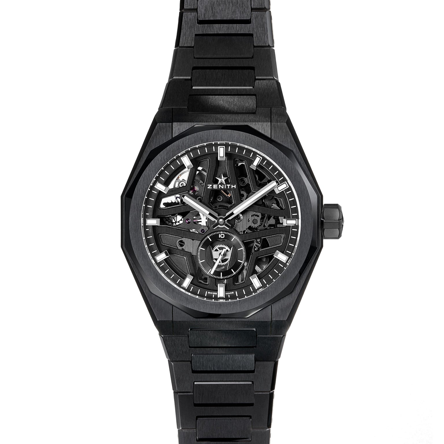 The black Zenith Defy Skyline Skeleton wristwatch, featuring a skeleton dial, silver hour markers, and a metal link bracelet, stands out with urban style and displays its high-frequency automatic movement against a white background.