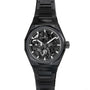 The black Zenith Defy Skyline Skeleton wristwatch, featuring a skeleton dial, silver hour markers, and a metal link bracelet, stands out with urban style and displays its high-frequency automatic movement against a white background.