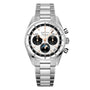 A Zenith Chronomaster Original stainless steel wristwatch with a silver bracelet, black and white chronograph dial, three subdials, and Triple Calendar day, date, and month indicators.
