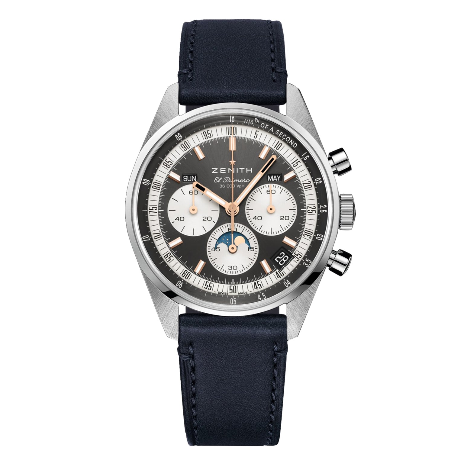 The Zenith Chronomaster Original is a stainless steel chronograph wristwatch featuring a black leather strap, black and white dial with three subdials, date display, El Primero 3610 movement, and two right-side pushers.