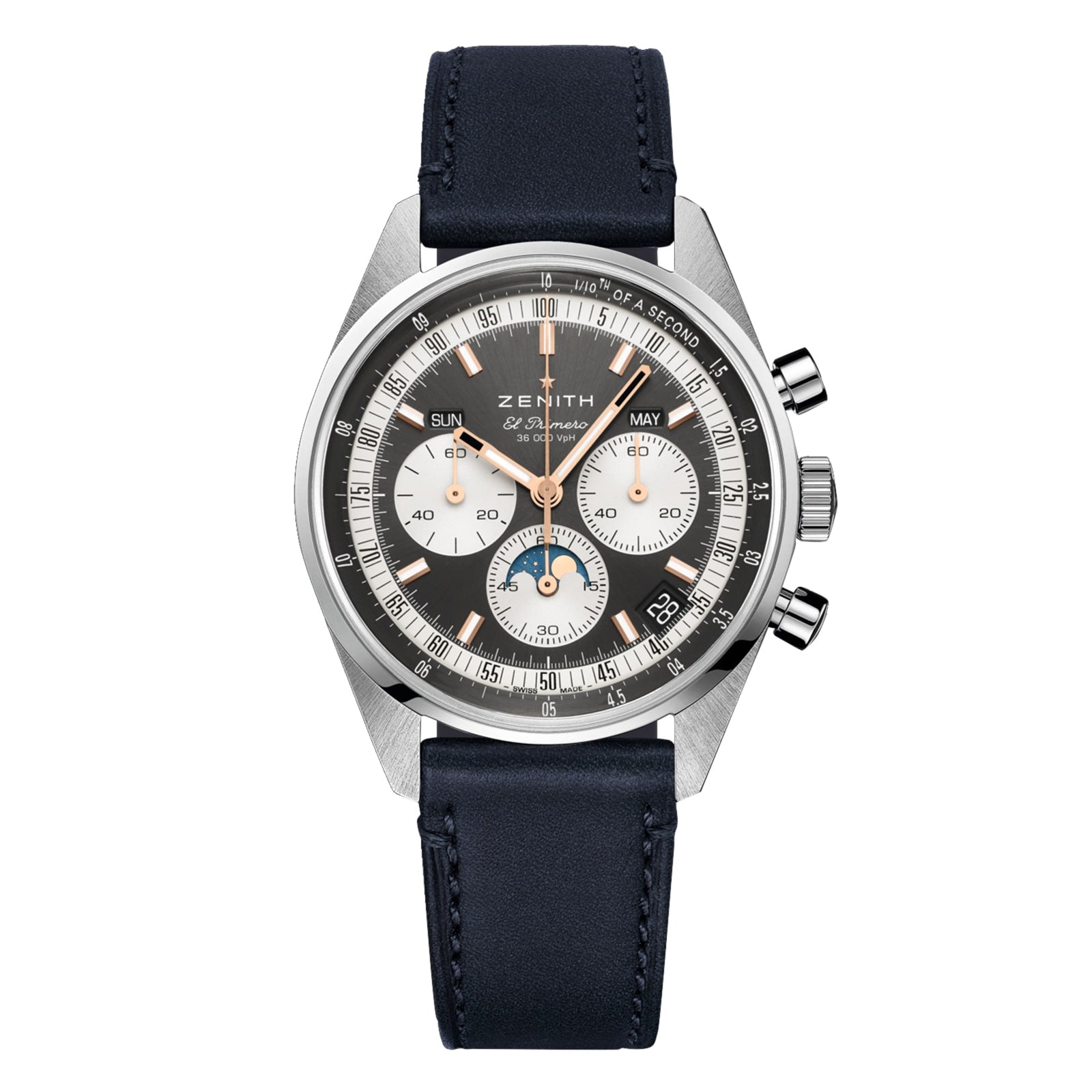 The Zenith Chronomaster Original is a stainless steel chronograph wristwatch featuring a black leather strap, black and white dial with three subdials, date display, El Primero 3610 movement, and two right-side pushers.