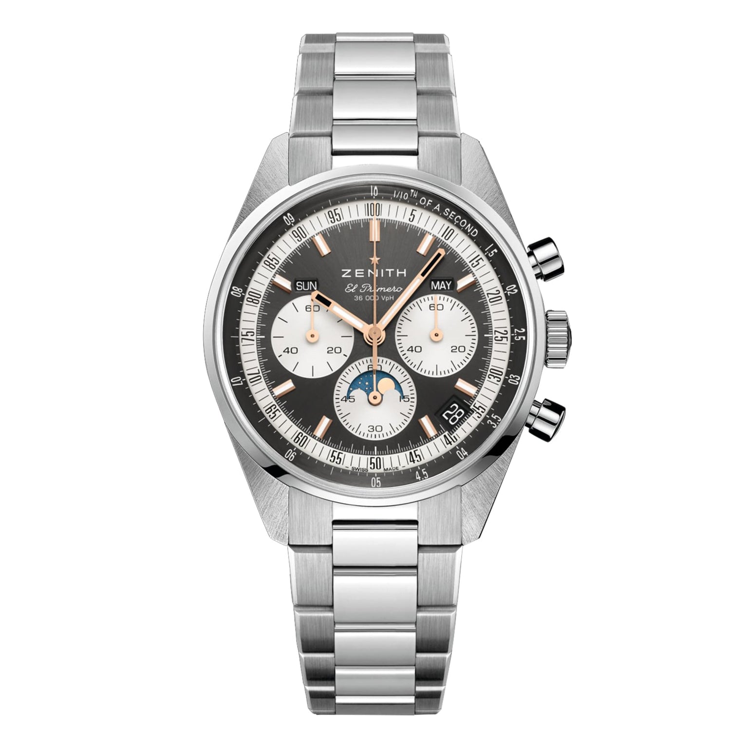 A Zenith Chronomaster Original stainless steel chronograph wristwatch features a black dial with three subdials, a date window, and a silver metal bracelet, shown against a white background.