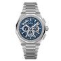 Zenith Defy Skyline Skeleton - Blue: features a silver wristwatch with a blue skeleton dial, silver markers, and a metal link bracelet.