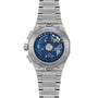 Back view of the Zenith Defy Skyline Skeleton - Blue wristwatch, revealing its exposed blue mechanical movement and gears.