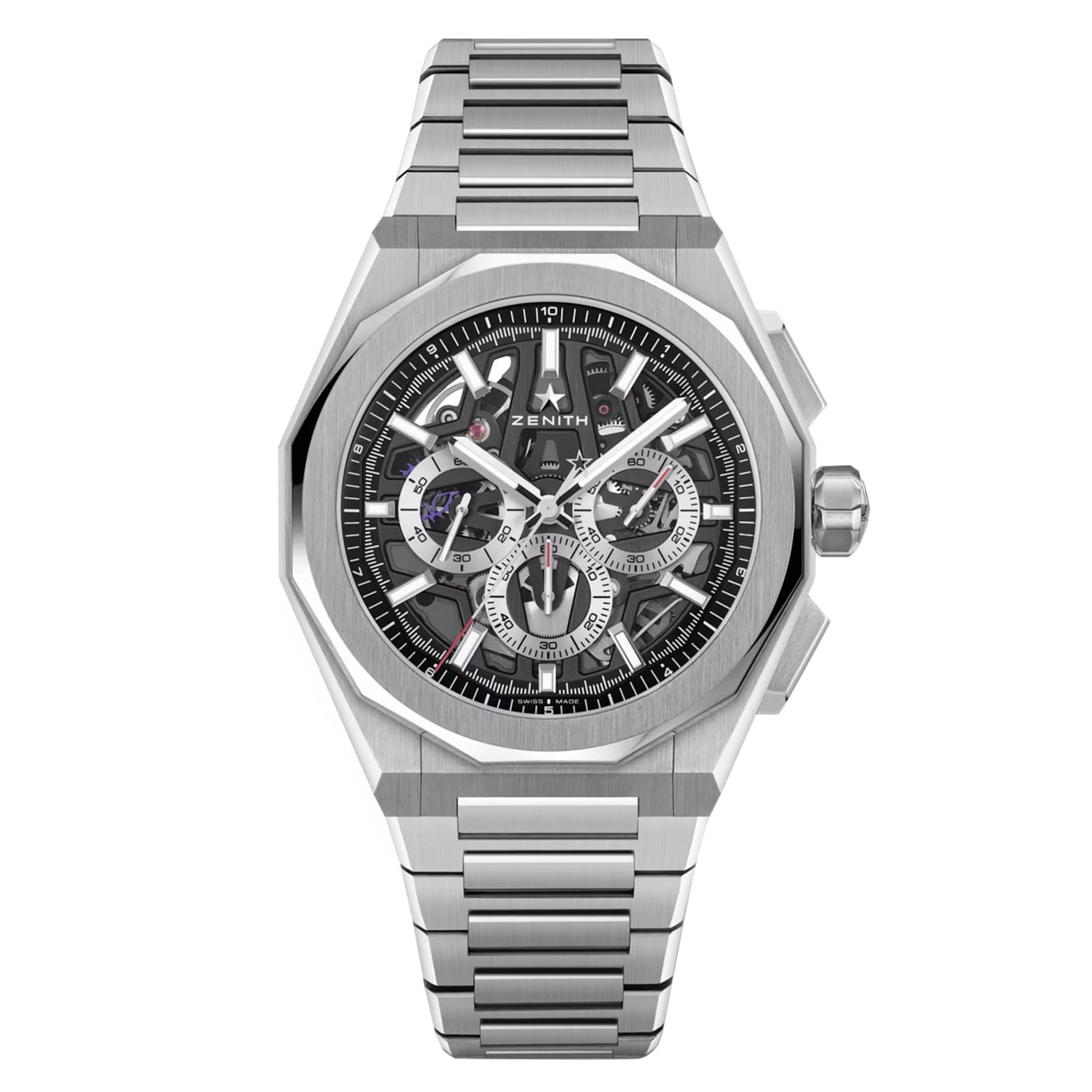 The Zenith Defy Skyline Skeleton - Black features a silver-tone stainless steel bracelet and a skeleton dial with visible gears.