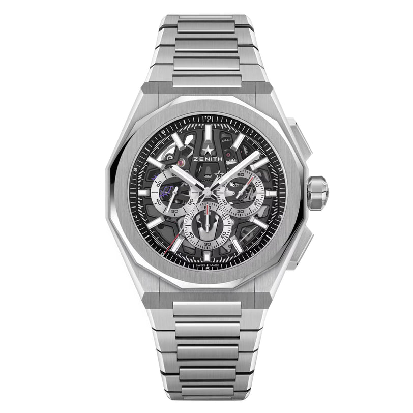 The Zenith Defy Skyline Skeleton - Black features a silver-tone stainless steel bracelet and a skeleton dial with visible gears.