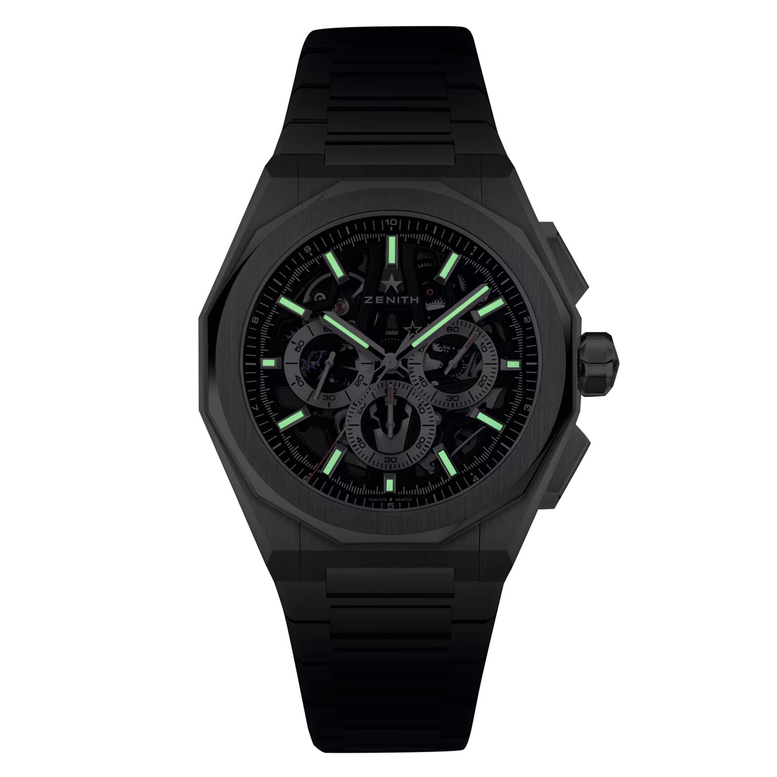 Zenith Defy Skyline Skeleton - Black wristwatch featuring luminous green markers and subdials, displayed on a white background.