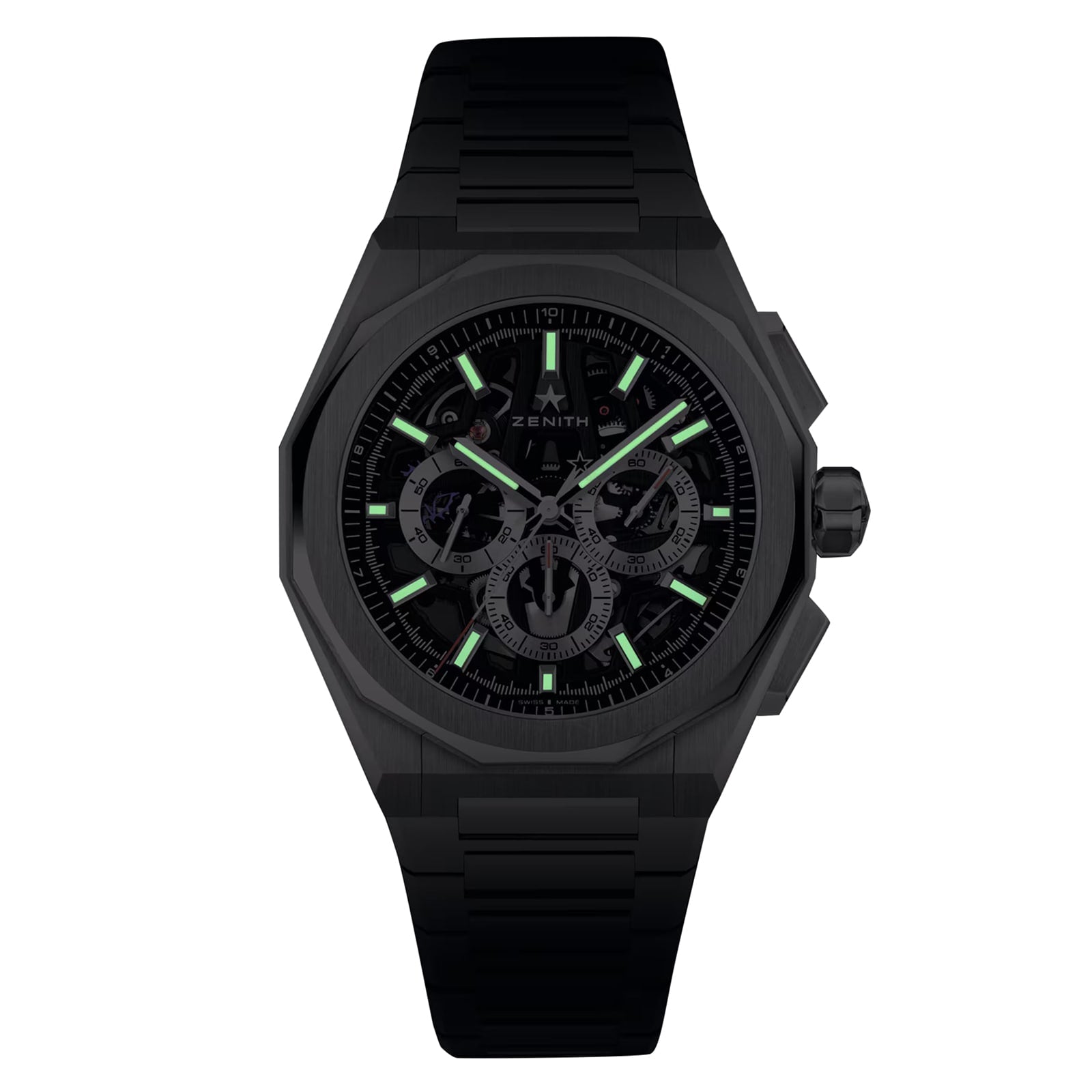 Zenith Defy Skyline Skeleton - Black wristwatch featuring luminous green markers and subdials, displayed on a white background.