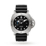 The Panerai Submersible es is a men's dive watch with a black dial, white hour markers, date window, silver bezel, titanium case, black rubber strap, and a right-side crown protector.