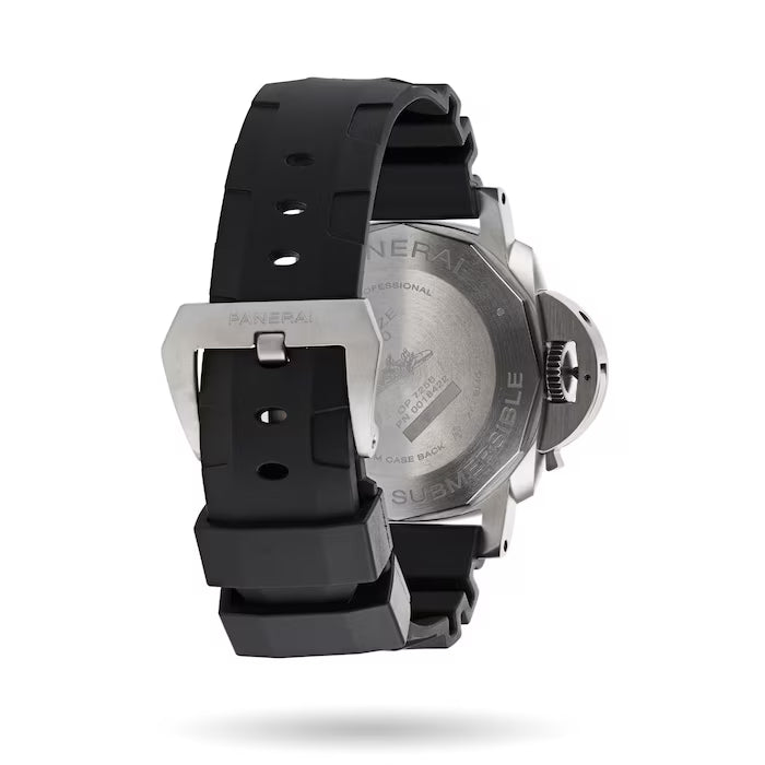 A Panerai Submersible es men's dive watch with a black rubber strap and silver buckle is displayed from the back, revealing its engraved stainless steel case back, signature crown guard, and durable titanium case.