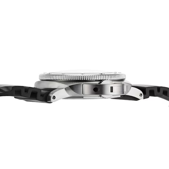 Side view of a Panerai Submersible es men's dive watch featuring a round titanium case, ridged bezel, and black rubber strap on a white background. The crown and buttons are visible on the right side of the case.