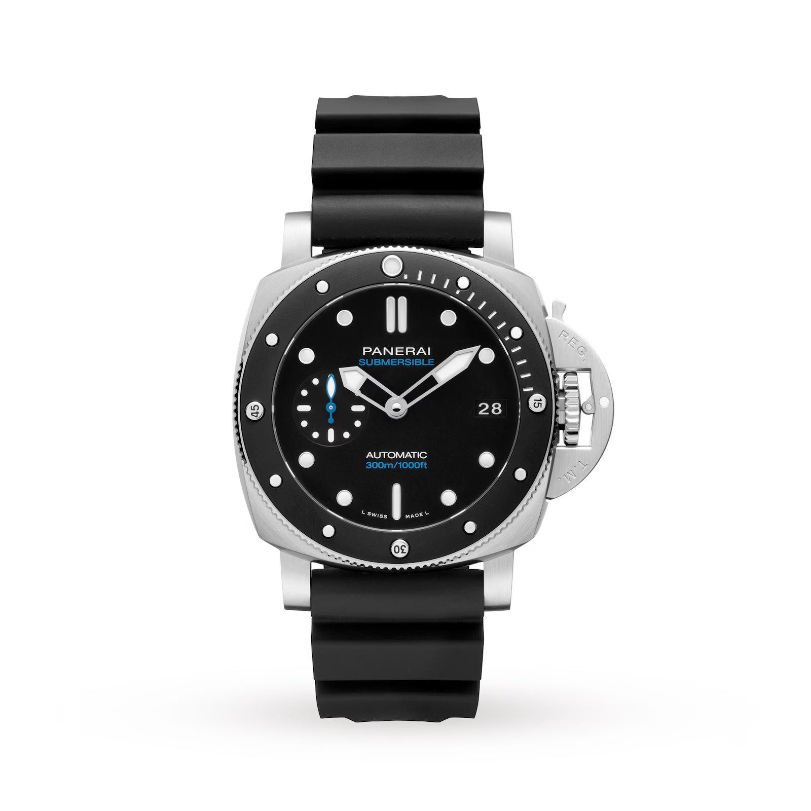The Panerai Submersible is a 42mm stainless steel men's dive watch with a black dial, luminous markers, date display, and black rubber strap. It features a distinctive crown guard on the right side.
