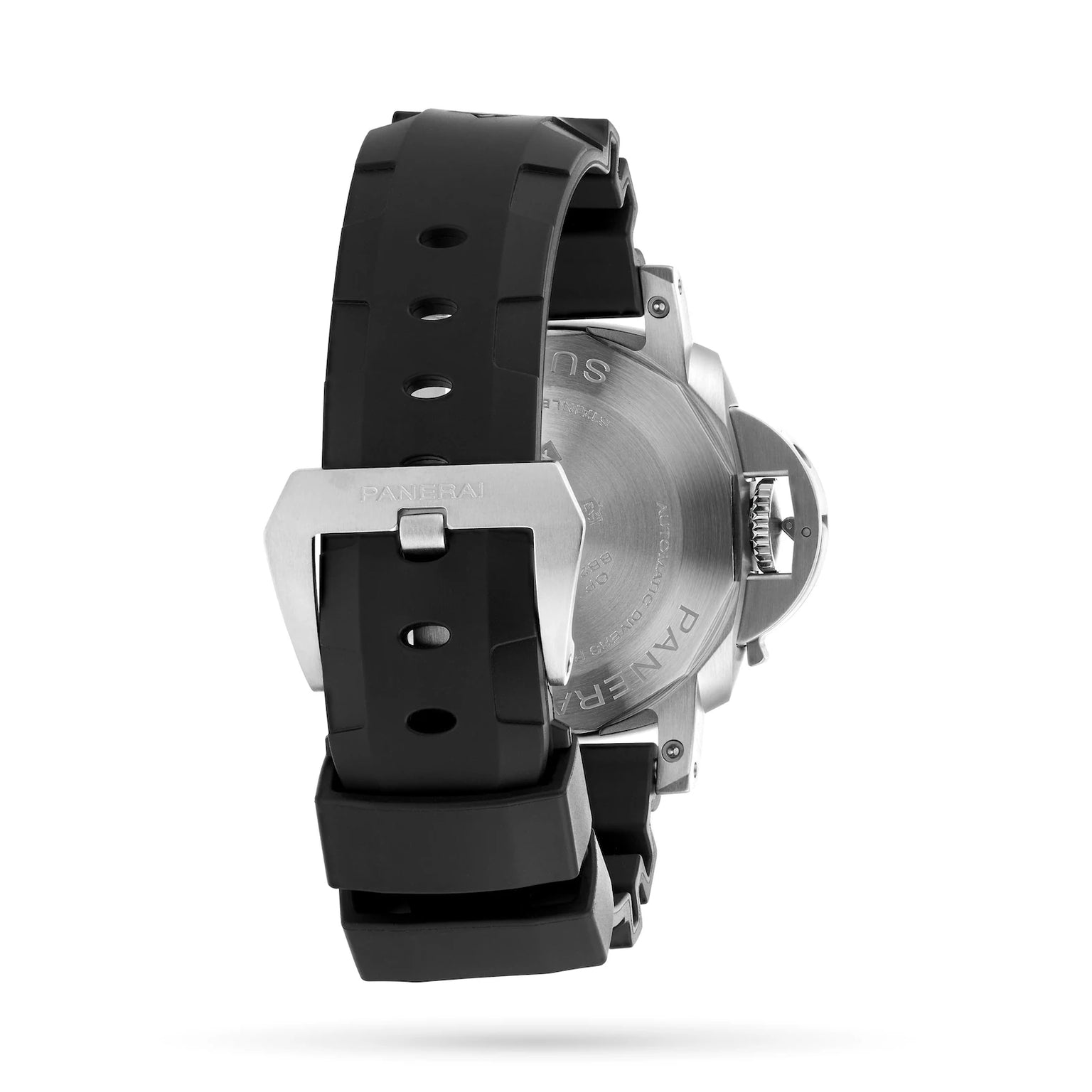 A close-up of the Panerai Submersible's back displays its engraved caseback and crown guard, highlighting the men's dive watch with a 42mm stainless steel case, black rubber strap, and stainless steel buckle.