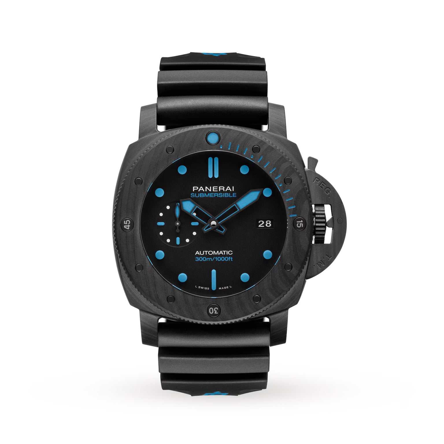 Displayed against a white background is the Panerai Submersible Carbotech, a black diver’s watch featuring blue accents, a textured bezel, carbon fibre case, bold hour markers, and a black rubber strap.