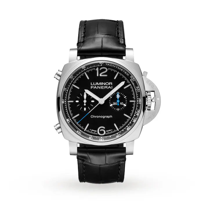 The Panerai Luminor Chrono is a luxury watch featuring a black leather strap, black chronograph dial with silver markers, and a stainless steel case, shown on a white background.