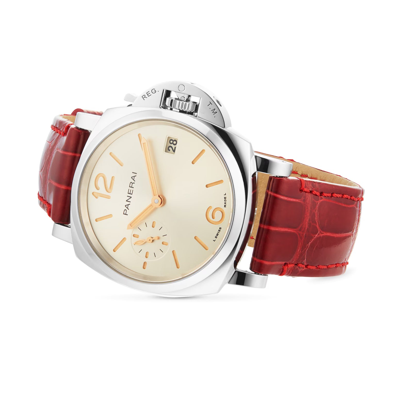 The Panerai Luminor Due is a luxury wristwatch featuring a cream dial, gold hour markers, small seconds subdial, date window, and a shiny red alligator-pattern leather strap in a sleek stainless steel case—showcasing Italian design.