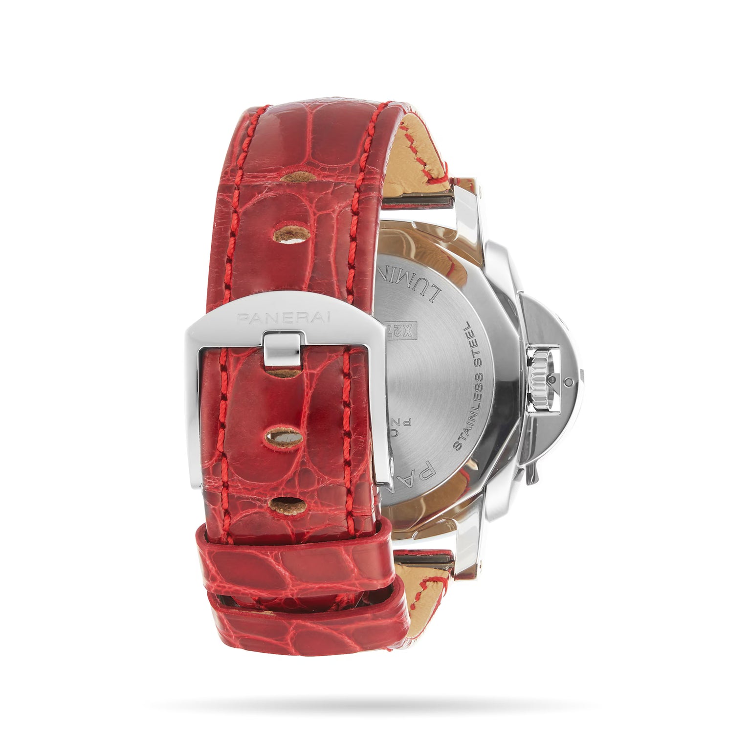 A close-up of the Panerai Luminor Due shows its red crocodile leather strap and silver buckle, Italian design, and a stainless steel case with engraved details inspired by classic Panerai aesthetics.