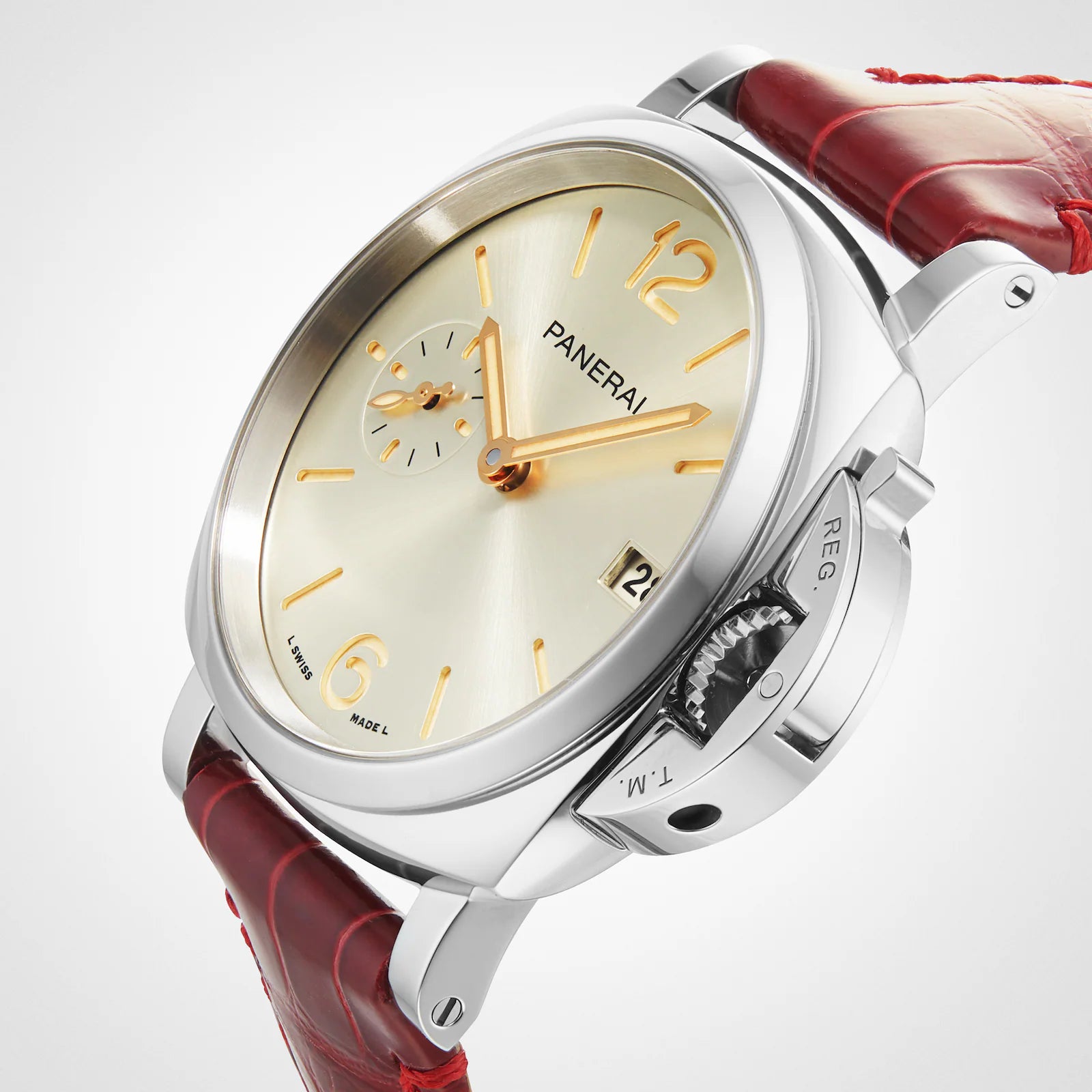 A close-up of the Panerai Luminor Due showcases its silver dial, gold hour markers, small seconds subdial, date window, red leather strap, and polished stainless steel case—highlighting refined Italian design.