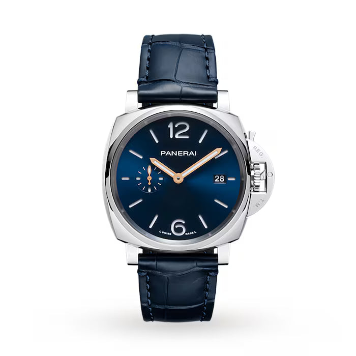 The Panerai Luminor Due features a blue leather strap, blue dial, silver case, gold hands, date at 3 o’clock, and small seconds at 9 o’clock—blending signature Italian design with refined style.