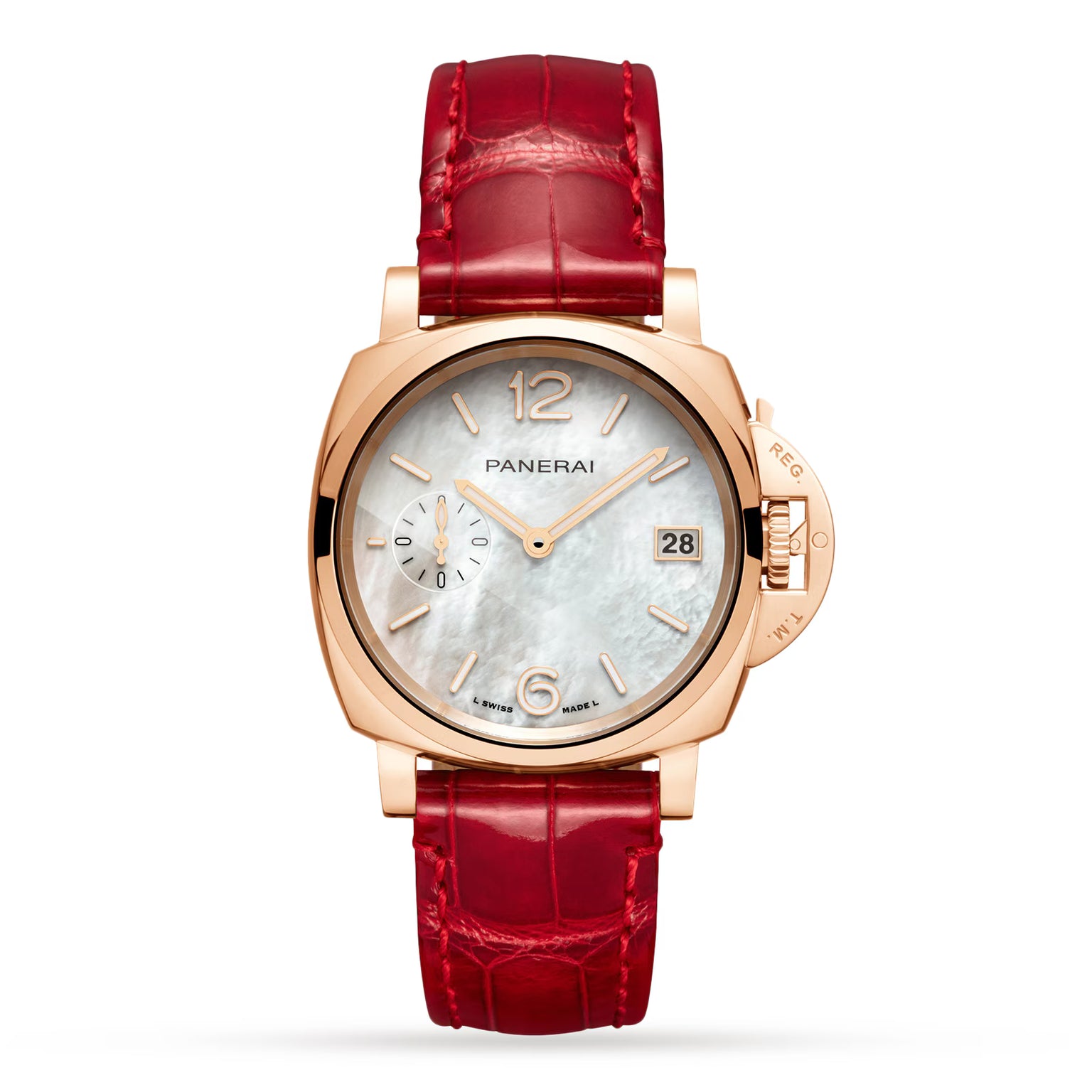 The Panerai Piccolo Due MadrePerla is a luxury wristwatch with a Goldtech rose gold case, mother-of-pearl dial featuring gold hour markers, small seconds subdial, date display, red alligator strap, and the Panerai logo on the dial.