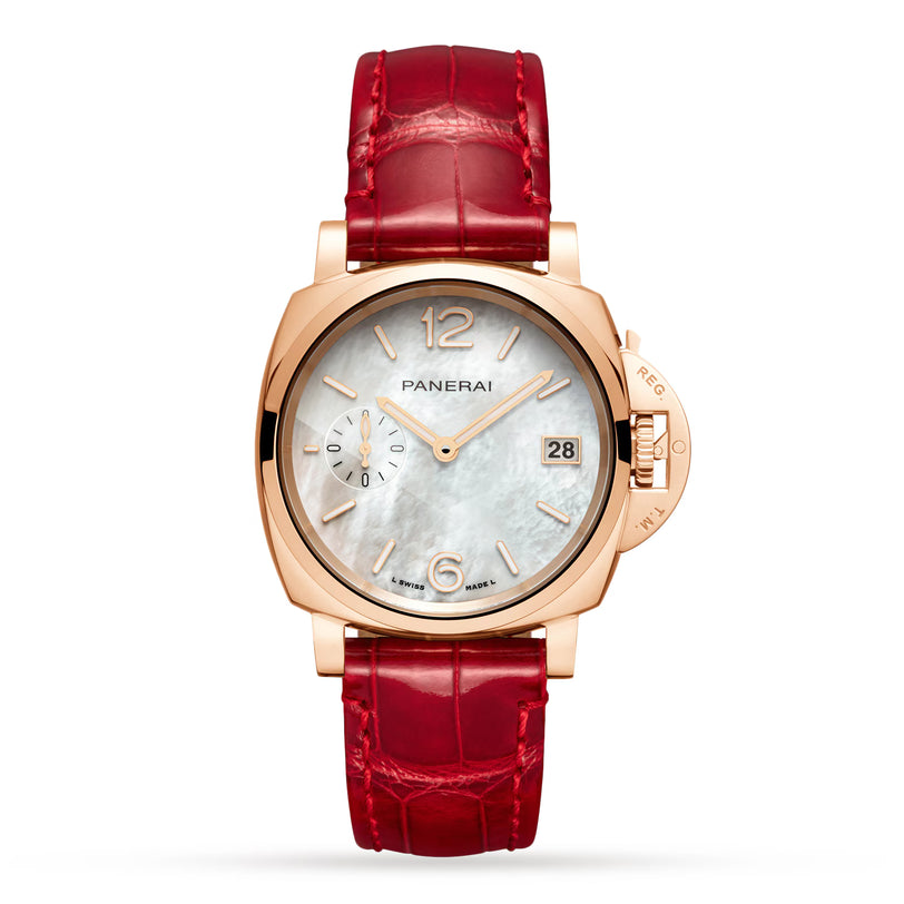 The Panerai Piccolo Due MadrePerla is a luxury wristwatch with a Goldtech rose gold case, mother-of-pearl dial featuring gold hour markers, small seconds subdial, date display, red alligator strap, and the Panerai logo on the dial.